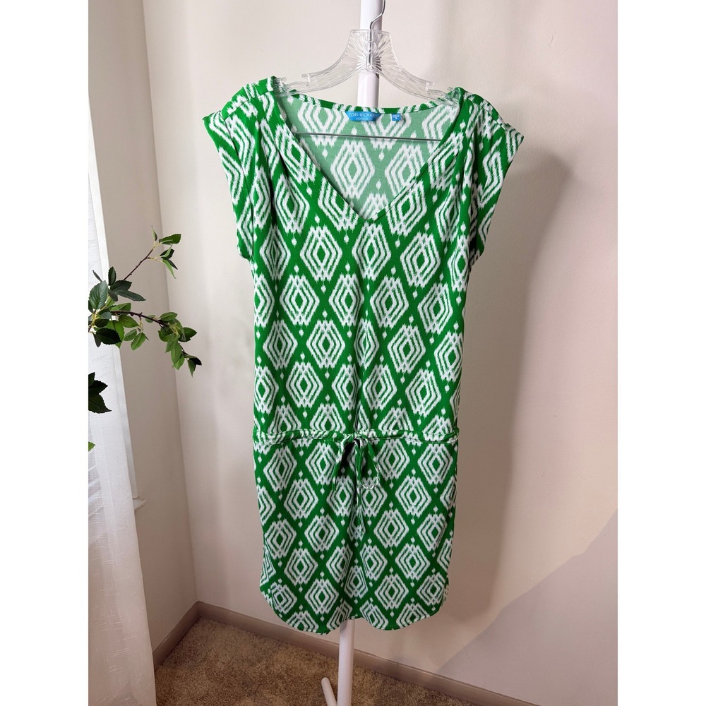 Tori Richard Honolulu Green Ikat Diamond Dress V-Neck Drawstring Waist Small - Picture 2 of 6